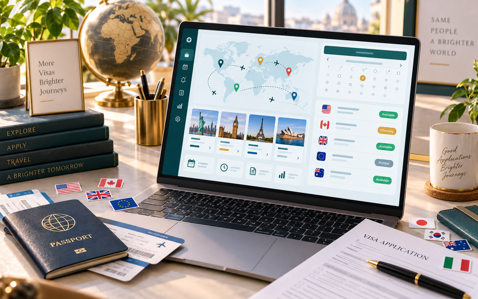 Visa appointment monitoring dashboard with countries, route status, and calendar availability
