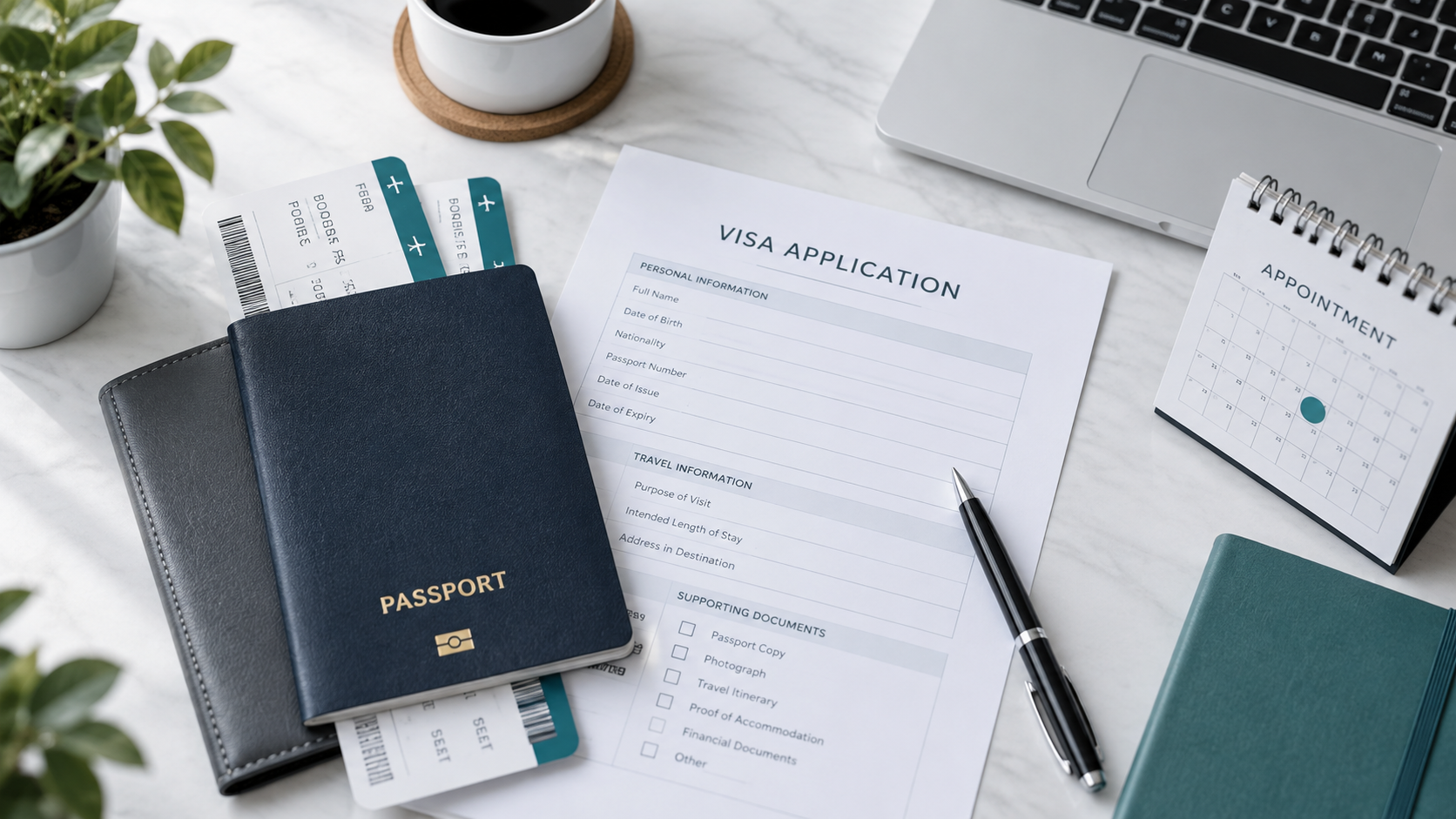 Passport, appointment calendar, and visa application documents prepared for review